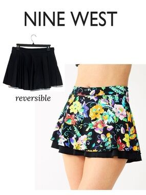 NINE WEST Reversible Floral Black Swim Skirt Beach Athleisure Resort Women's L